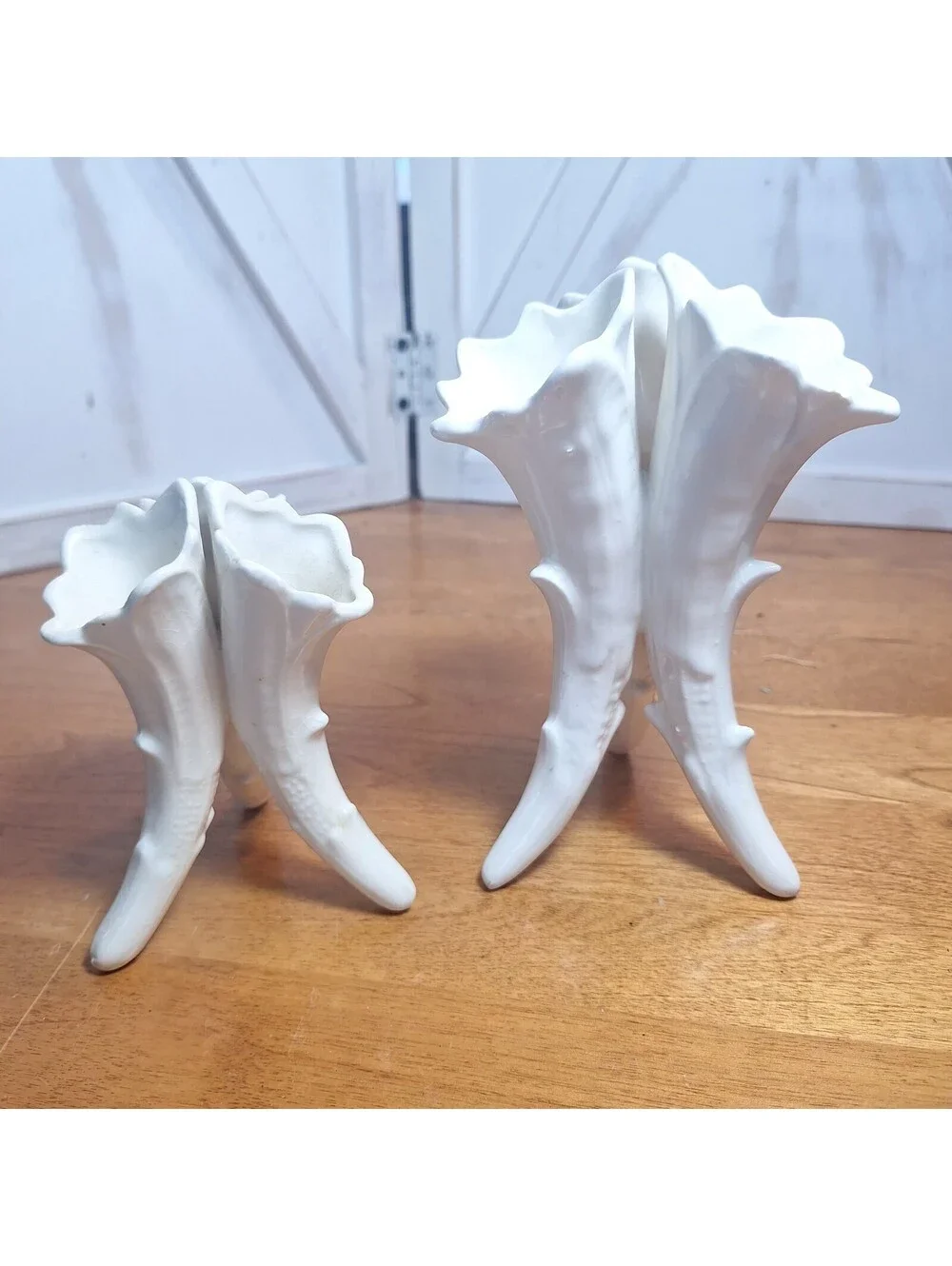 2 Bone China White Cornucopia Horn Epergne Style Tripod Vases 4.5